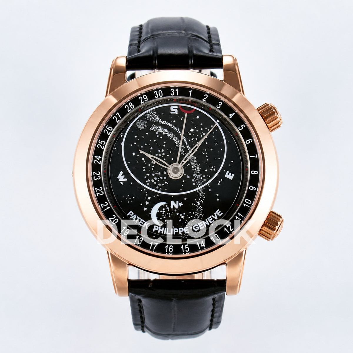 Patek Philippe Celestial Moon Age YLF replica with black dial and rose-gold-tone case — full front view