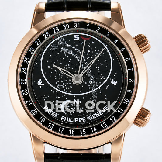 Patek Philippe Celestial Moon Age YLF replica with black dial and rose-gold-tone case — front dial close-up