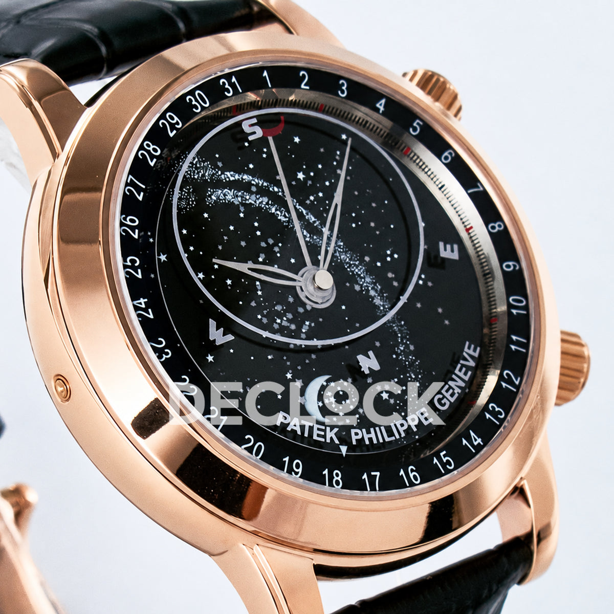 Patek Philippe Celestial Moon Age YLF replica with black dial and rose-gold-tone case — angled dial view