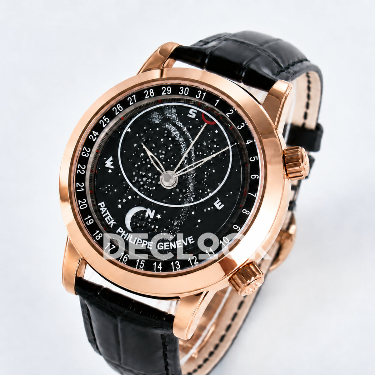 Patek Philippe Celestial Moon Age YLF replica with black dial and rose-gold-tone case — three-quarter front view