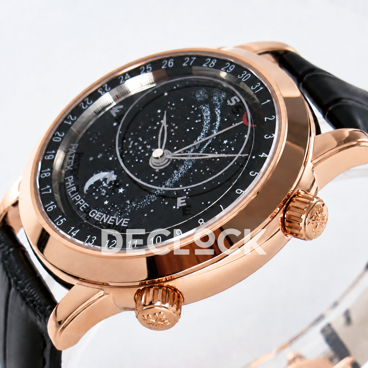 Patek Philippe Celestial Moon Age YLF replica with black dial and rose-gold-tone case — low-angle crown-side view