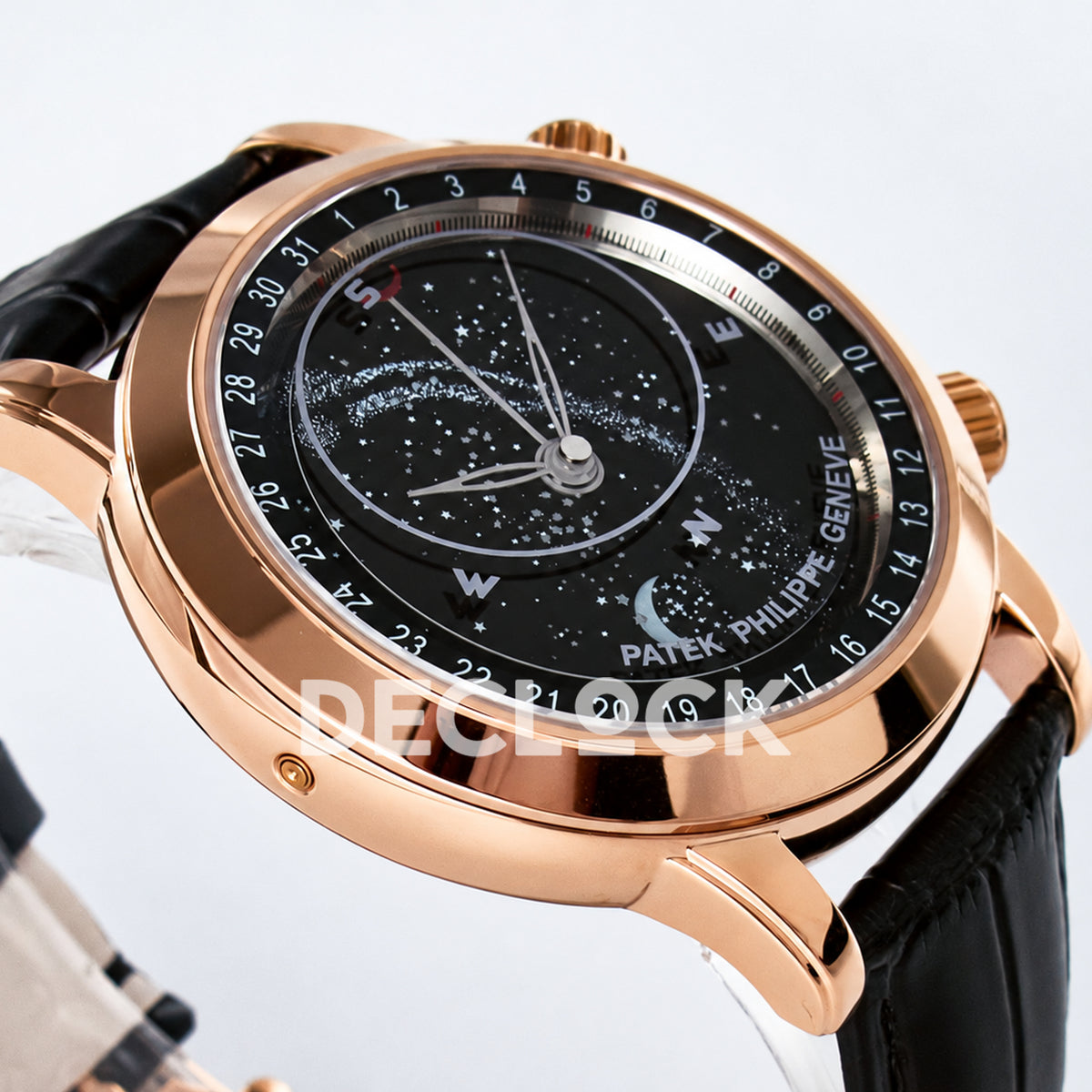 Patek Philippe Celestial Moon Age YLF replica with black dial and rose-gold-tone case — low-angle dial view