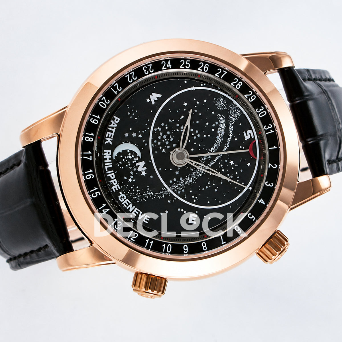 Patek Philippe Celestial Moon Age YLF replica with black dial and rose-gold-tone case — horizontal front view