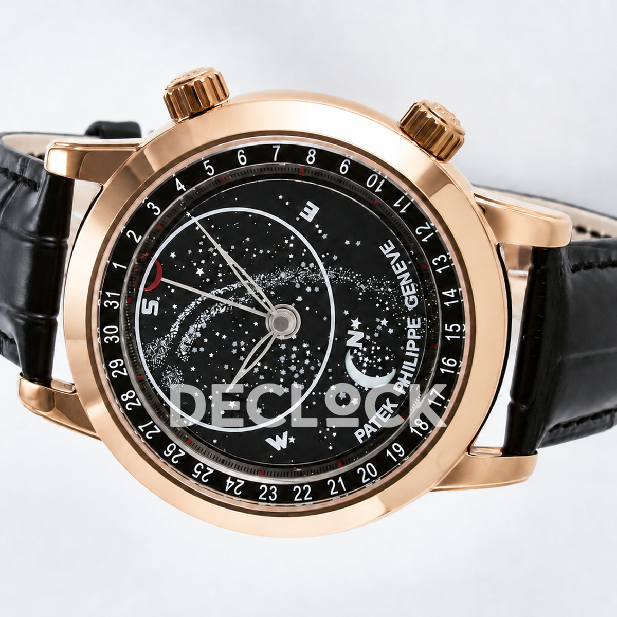 Patek Philippe Celestial Moon Age YLF replica with black dial and rose-gold-tone case — horizontal dial close-up