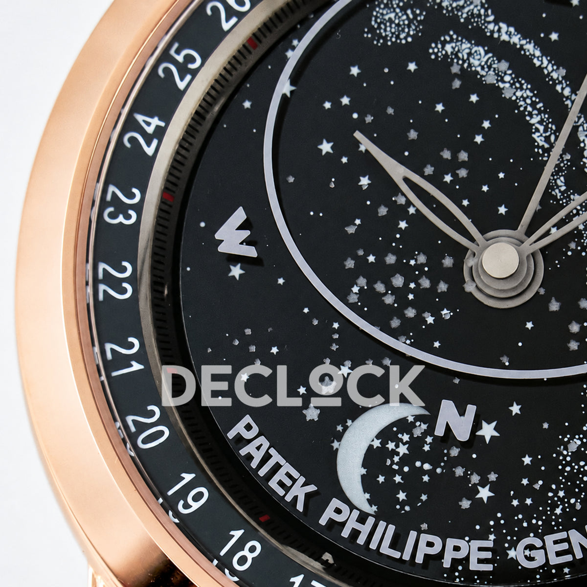 Patek Philippe Celestial Moon Age YLF replica with black dial and rose-gold-tone case — celestial dial macro