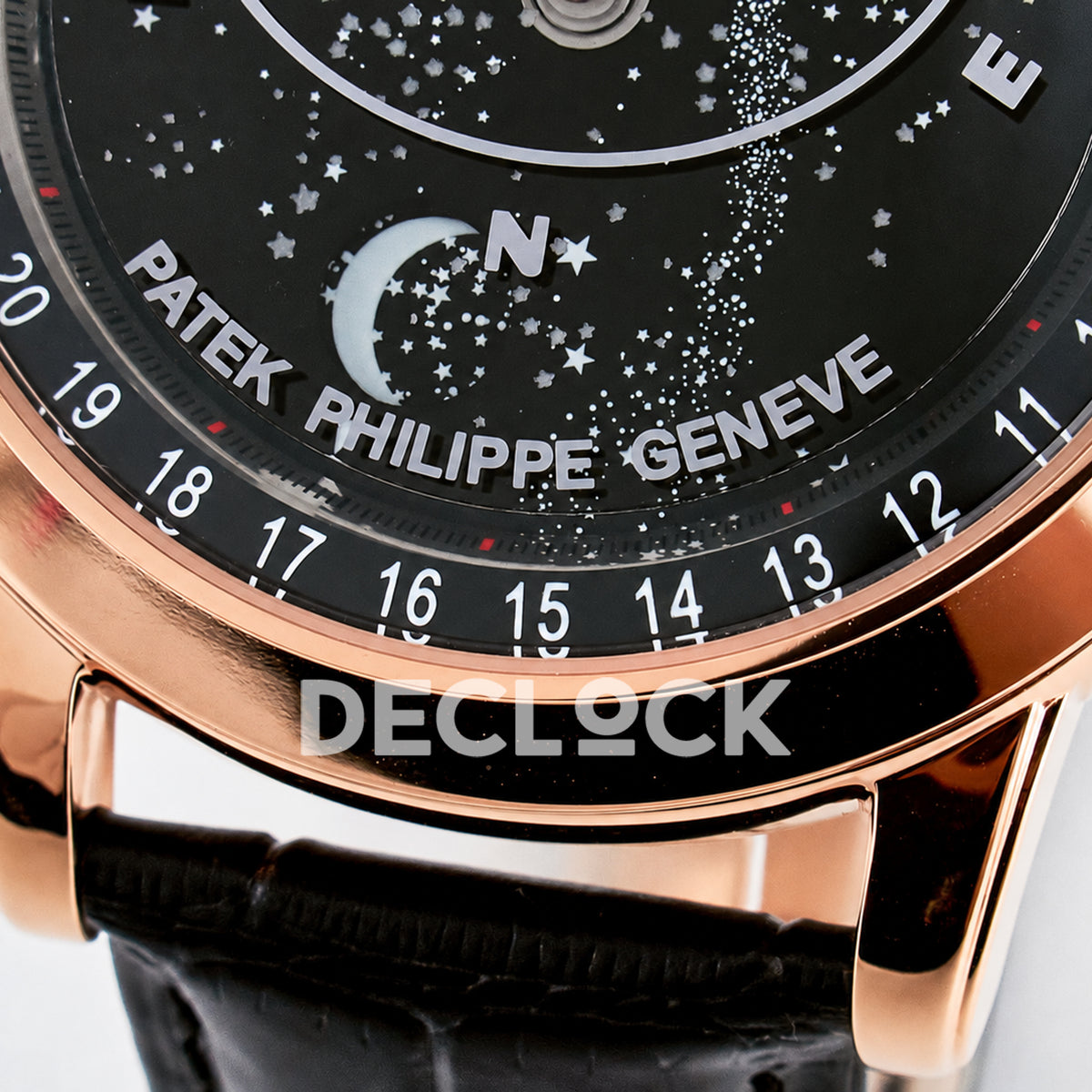 Patek Philippe Celestial Moon Age YLF replica with black dial and rose-gold-tone case — moon and dial printing macro