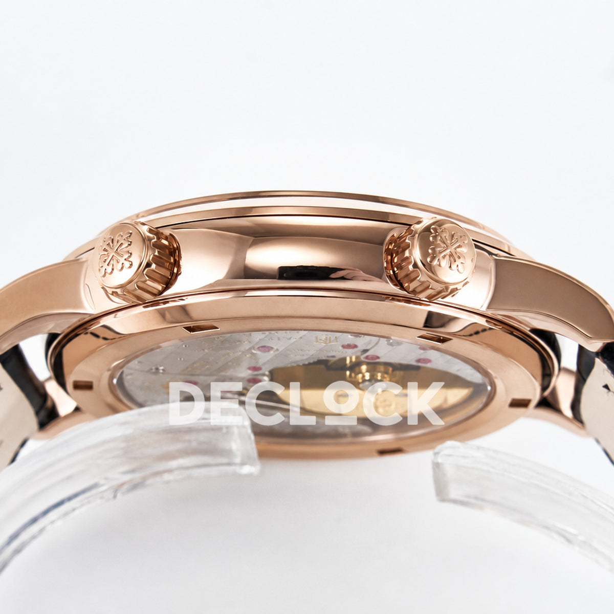 Patek Philippe Celestial Moon Age YLF replica with black dial and rose-gold-tone case — dual-crown case profile