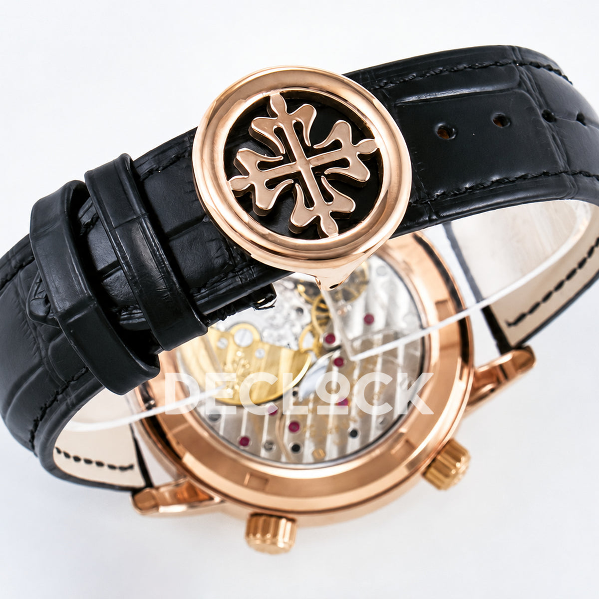 Patek Philippe Celestial Moon Age YLF replica with black dial and rose-gold-tone case — caseback and decorated clasp