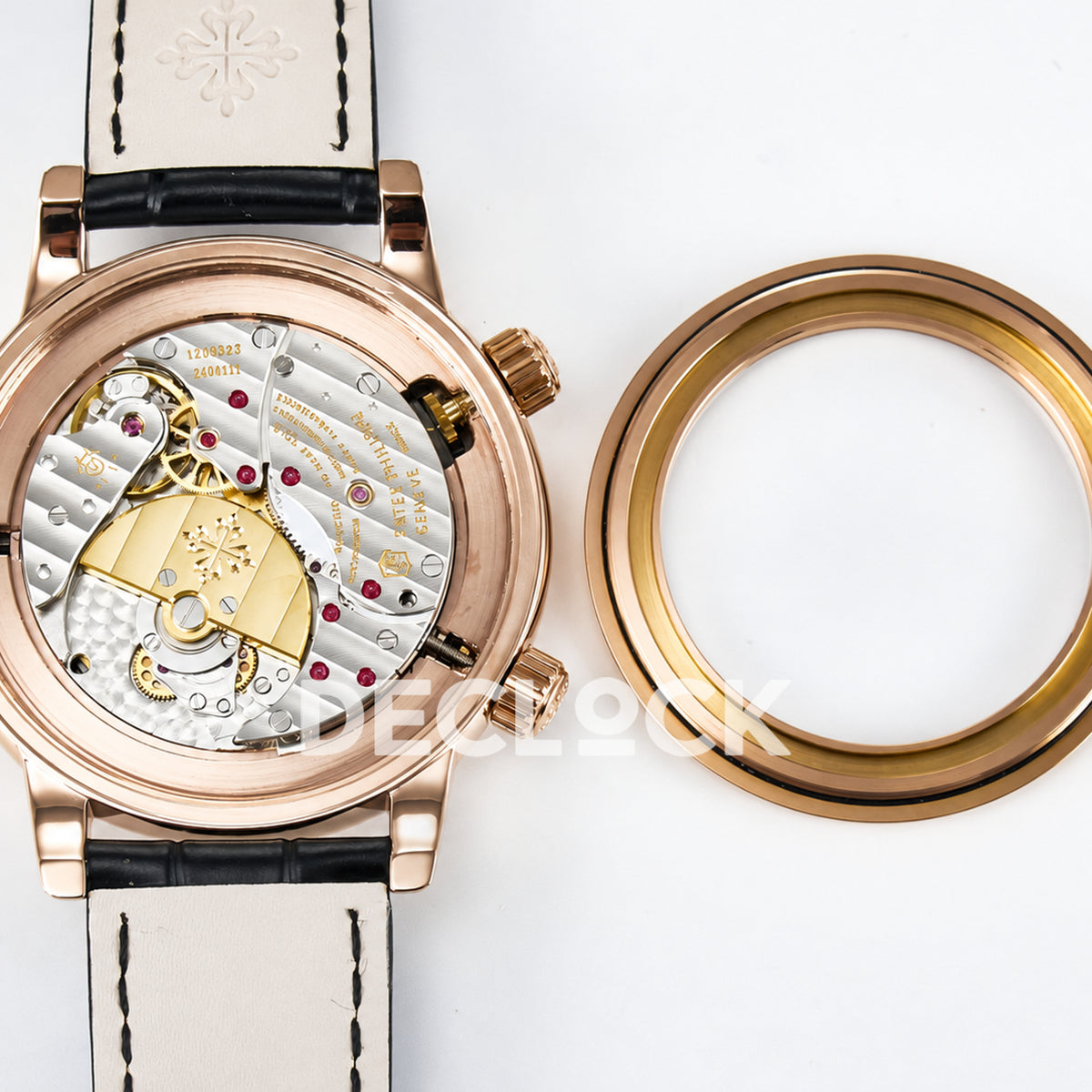 Patek Philippe Celestial Moon Age YLF replica with black dial and rose-gold-tone case — caseback removed