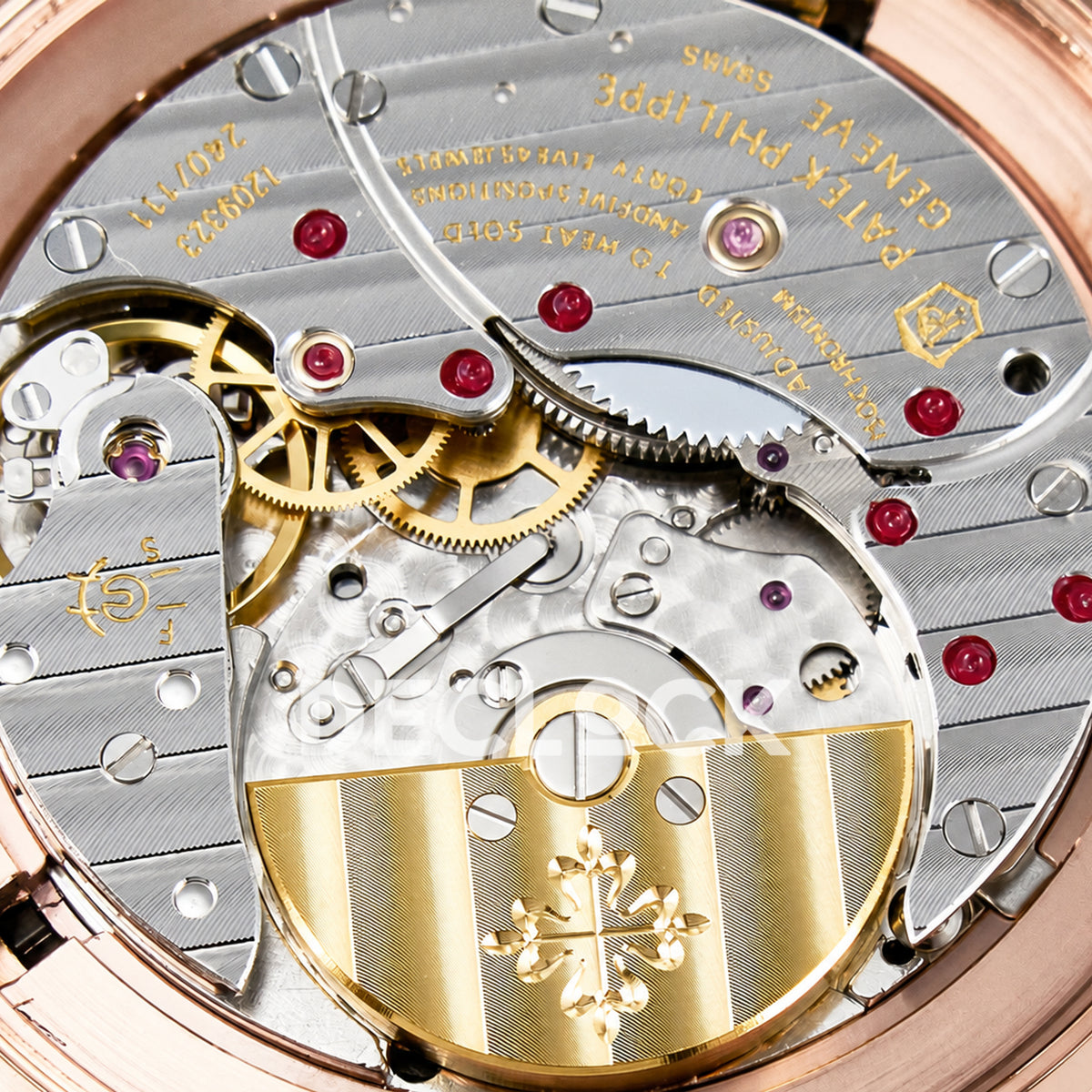 Patek Philippe Celestial Moon Age YLF replica with black dial and rose-gold-tone case — movement bridge detail