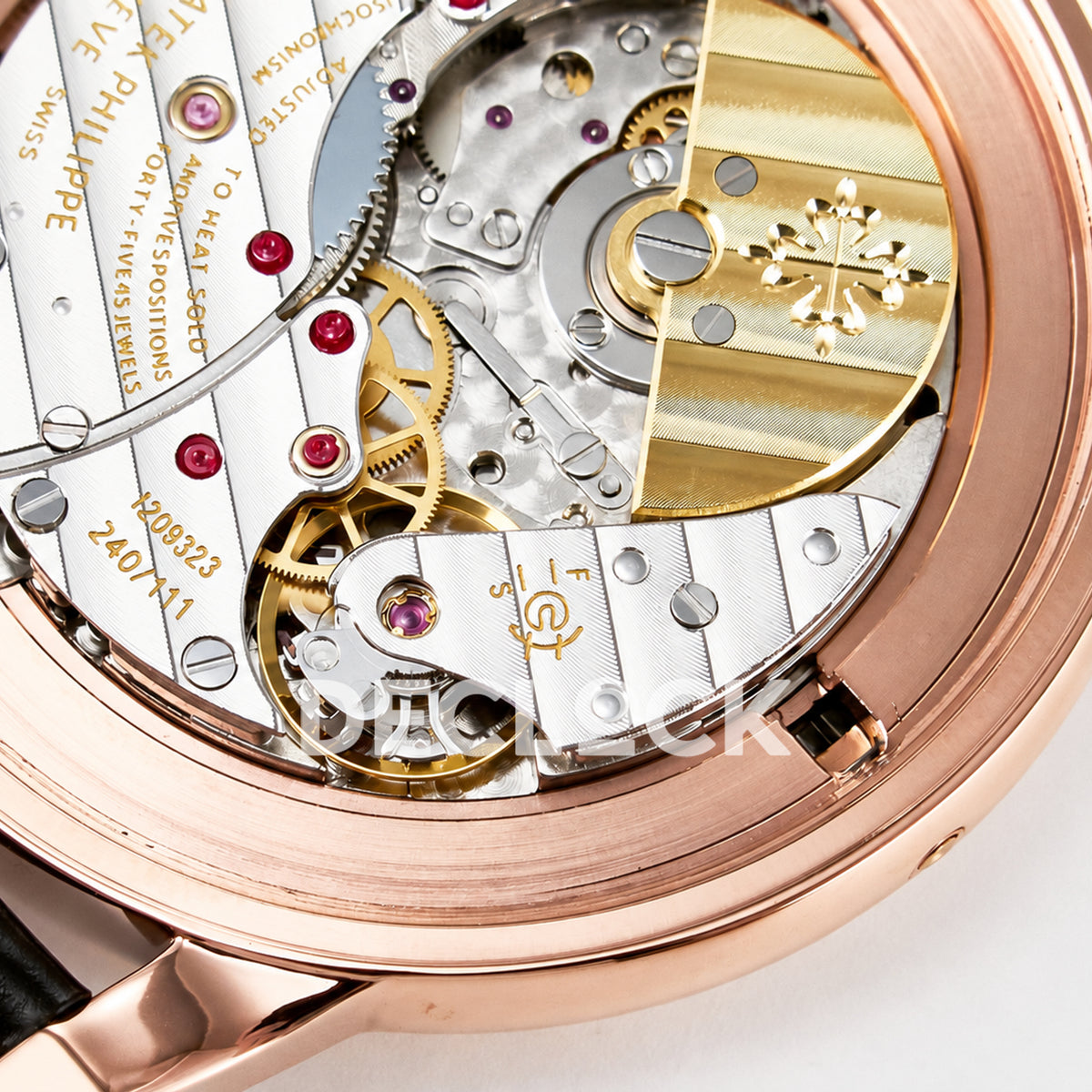 Patek Philippe Celestial Moon Age YLF replica with black dial and rose-gold-tone case — automatic movement detail