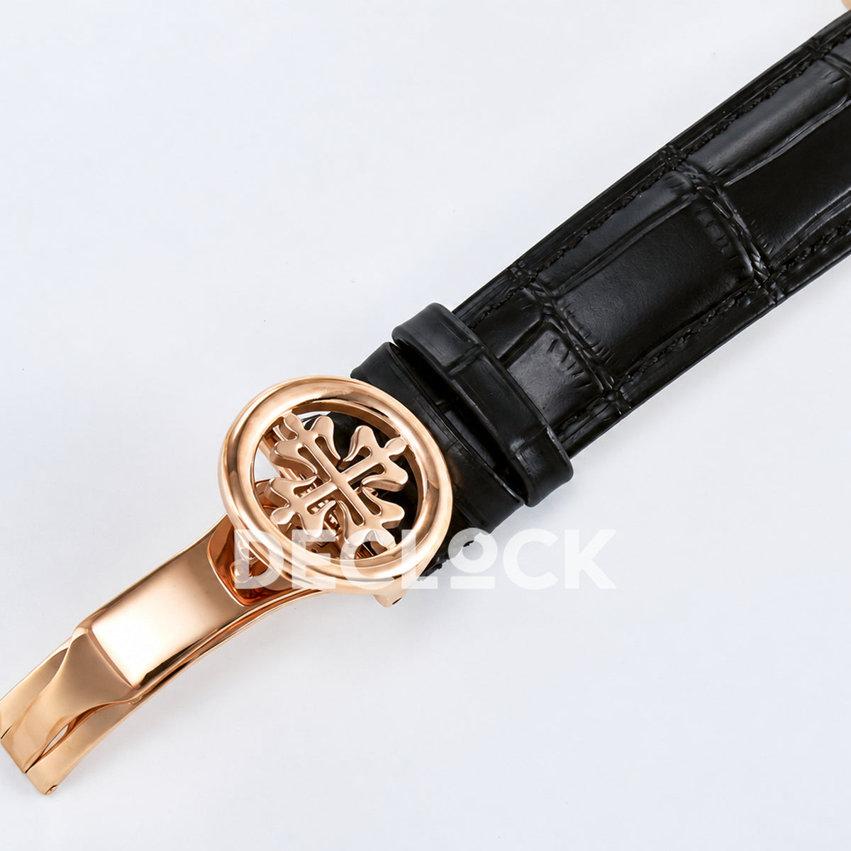 Patek Philippe Celestial Moon Age YLF replica with black dial and rose-gold-tone case — decorated folding clasp