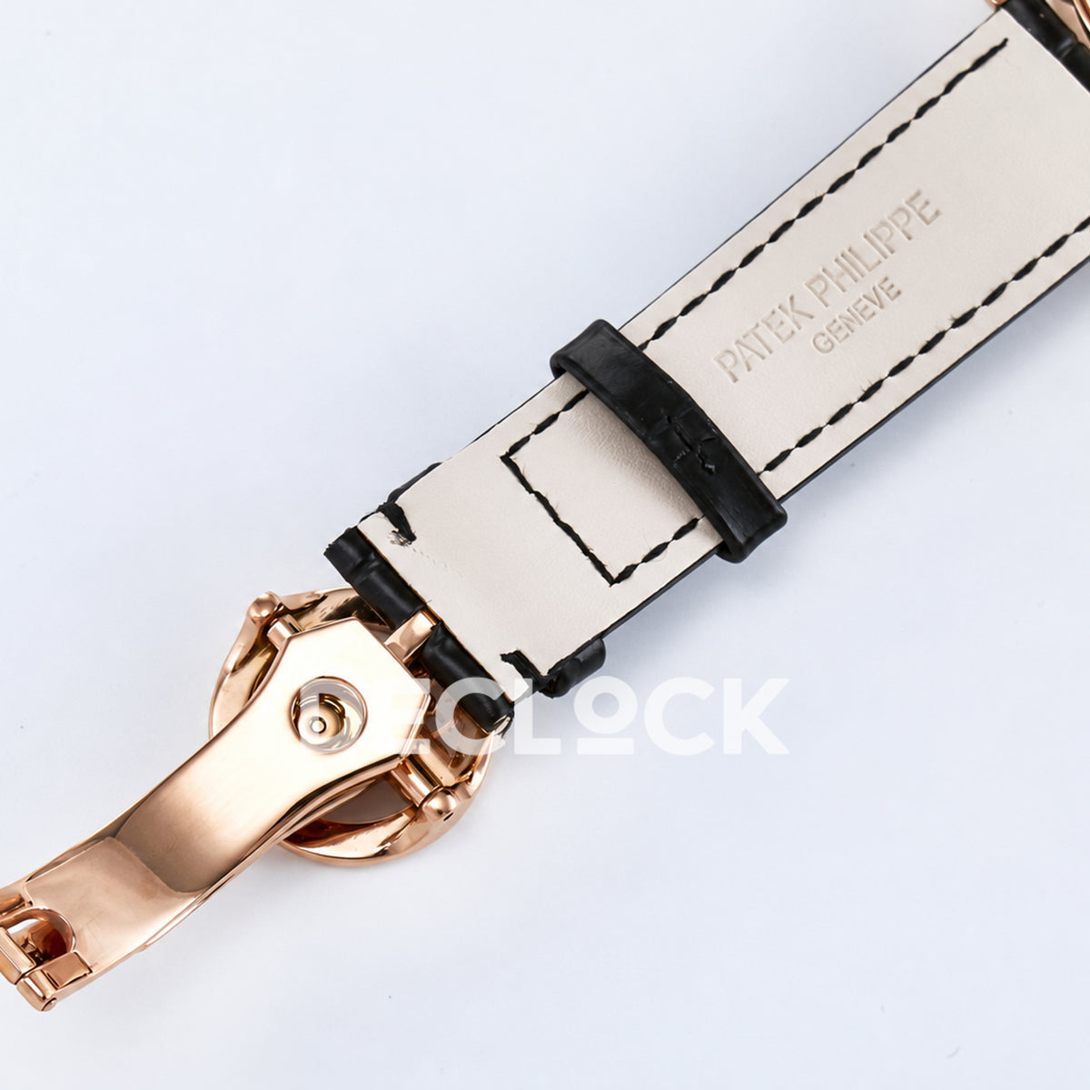 Patek Philippe Celestial Moon Age YLF replica with black dial and rose-gold-tone case — clasp and strap underside
