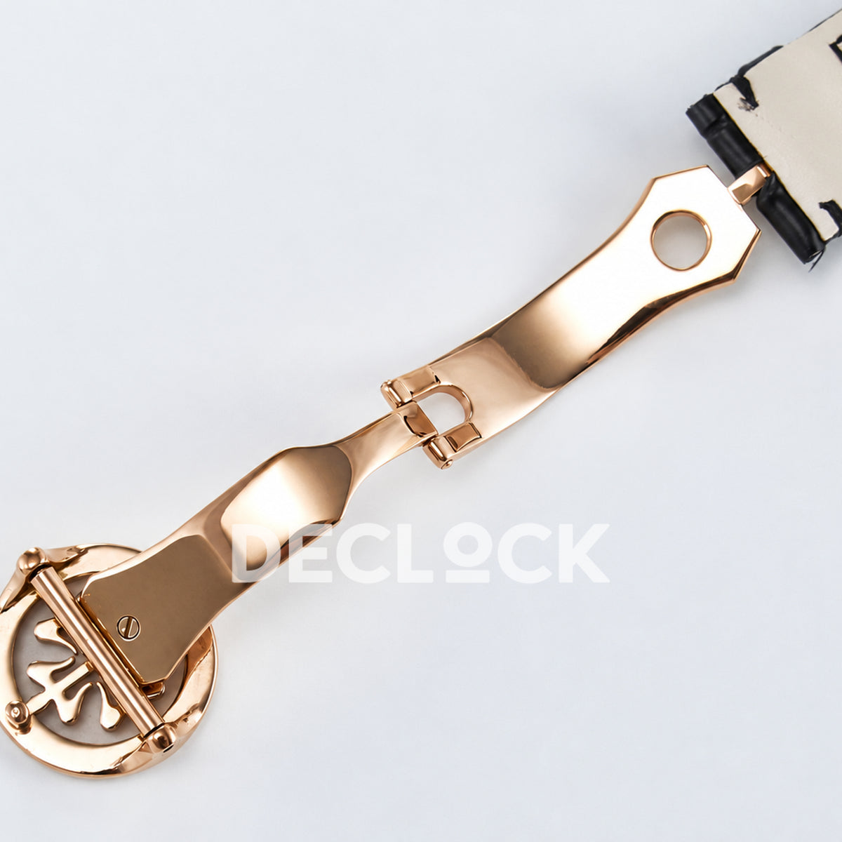 Patek Philippe Celestial Moon Age YLF replica with black dial and rose-gold-tone case — open clasp underside
