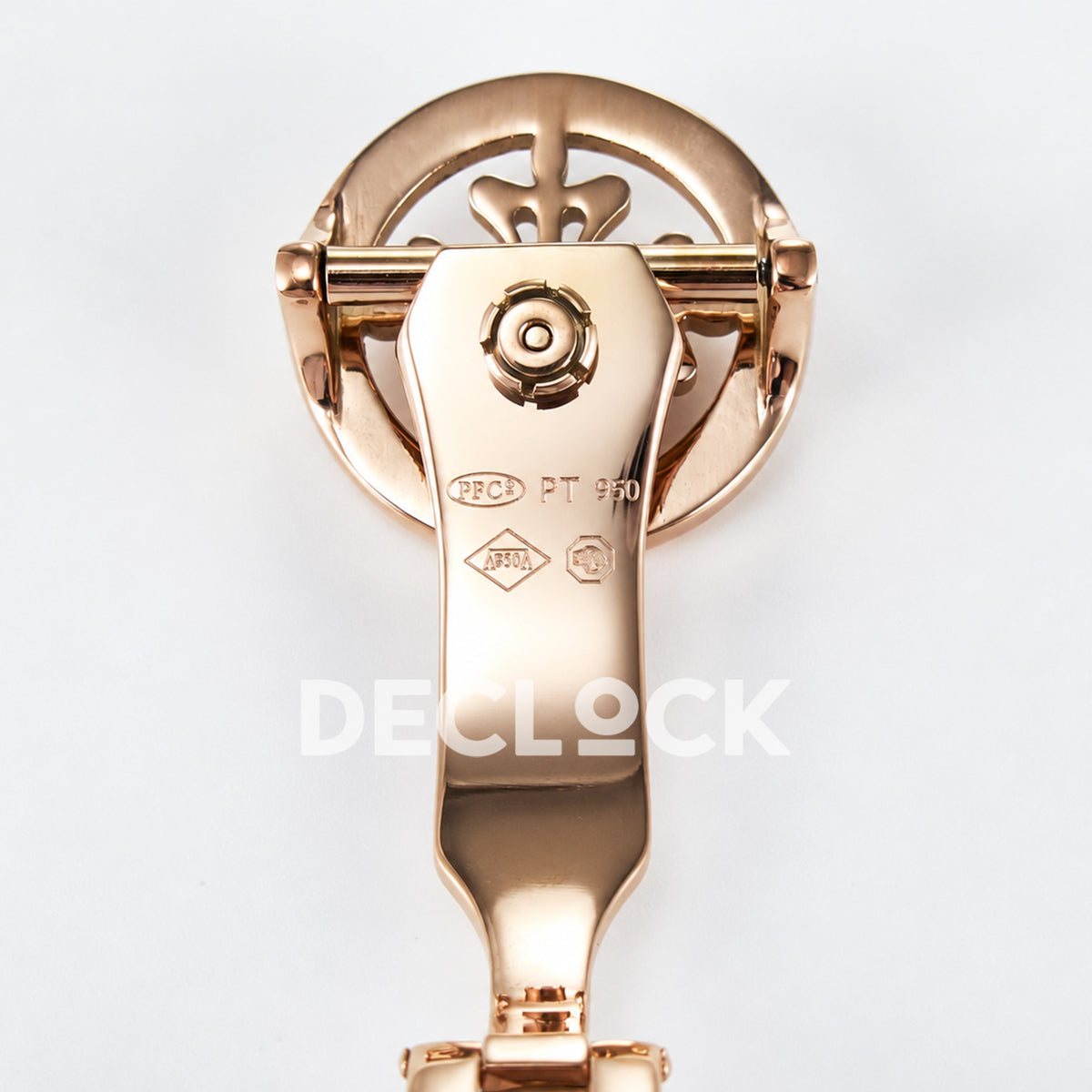 Patek Philippe Celestial Moon Age YLF replica with black dial and rose-gold-tone case — clasp hallmarks macro