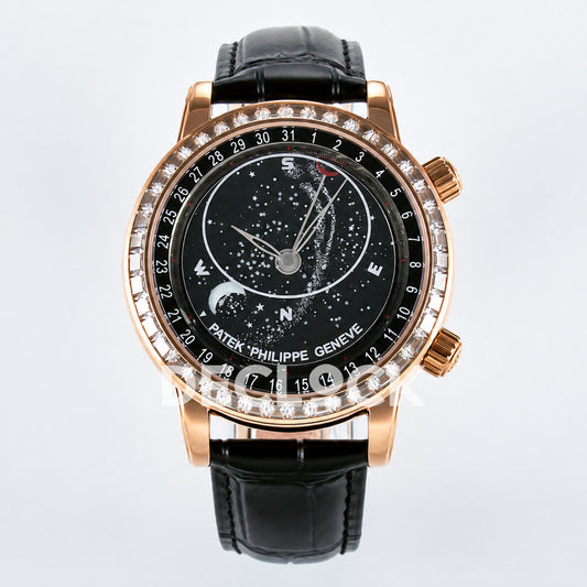 Patek Philippe Celestial YLF replica with black dial and rose-gold-tone stone-set bezel — full front view