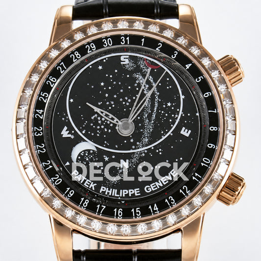 Patek Philippe Celestial YLF replica with black dial and rose-gold-tone stone-set bezel — front dial close-up