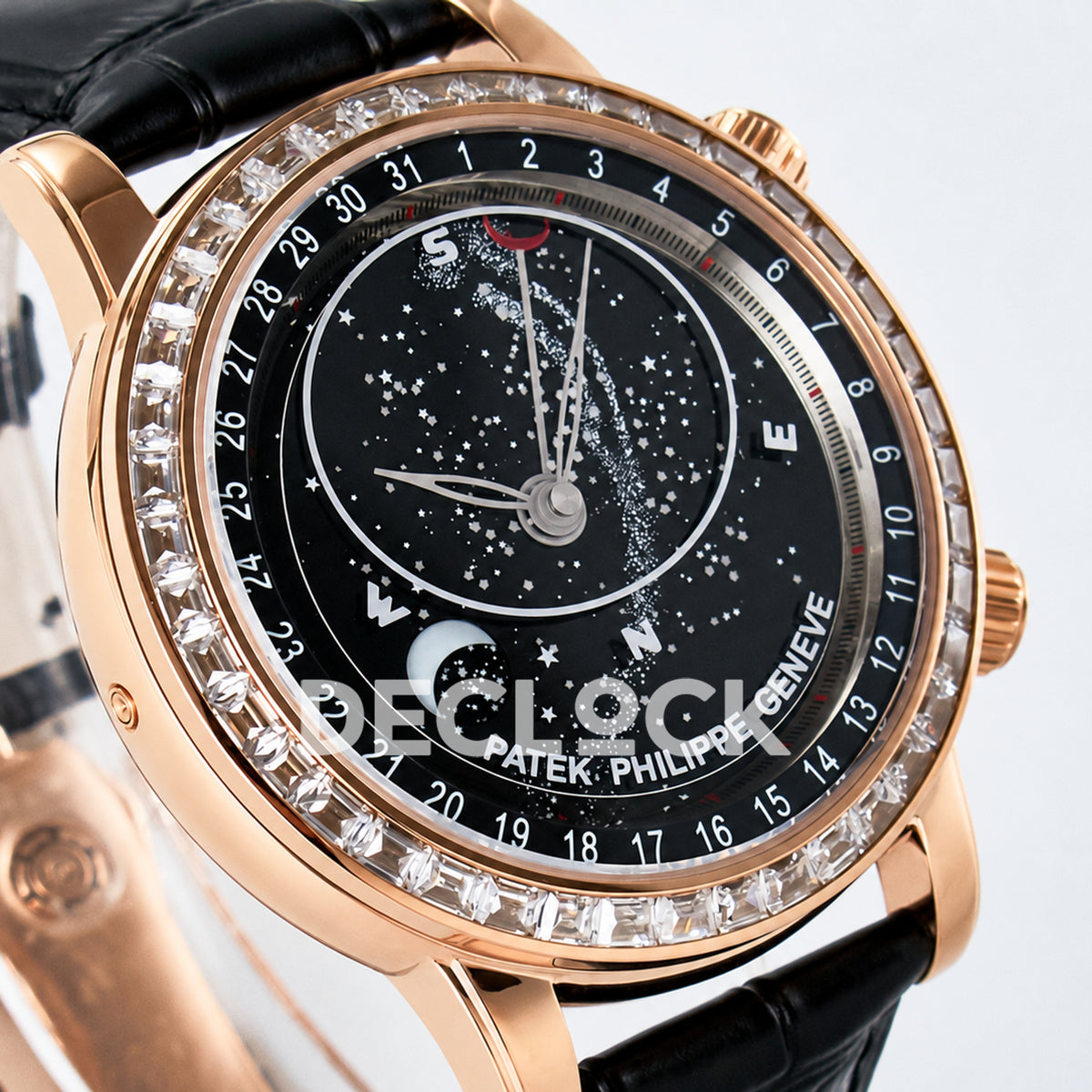Patek Philippe Celestial YLF replica with black dial and rose-gold-tone stone-set bezel — angled dial view