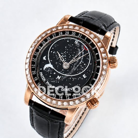 Patek Philippe Celestial YLF replica with black dial and rose-gold-tone stone-set bezel — three-quarter front view