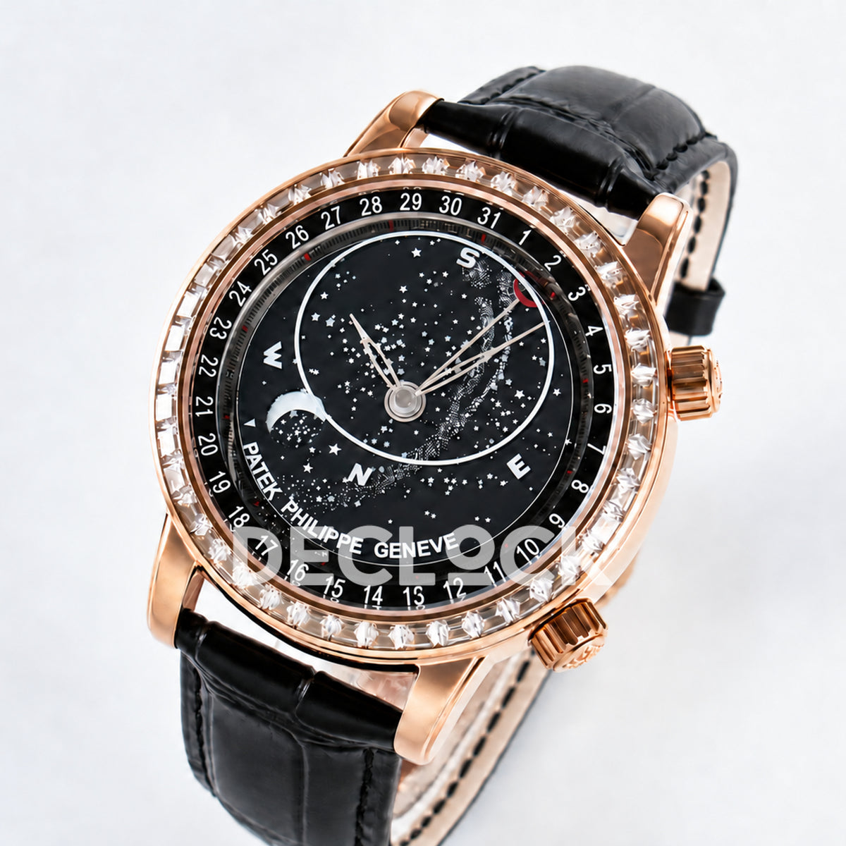Patek Philippe Celestial YLF replica with black dial and rose-gold-tone stone-set bezel — three-quarter front view