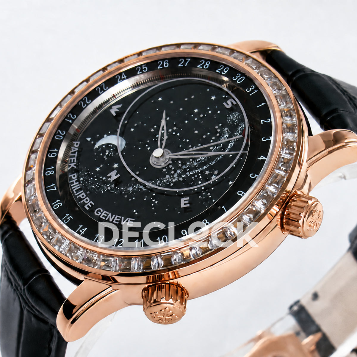Patek Philippe Celestial YLF replica with black dial and rose-gold-tone stone-set bezel — low-angle crown-side view