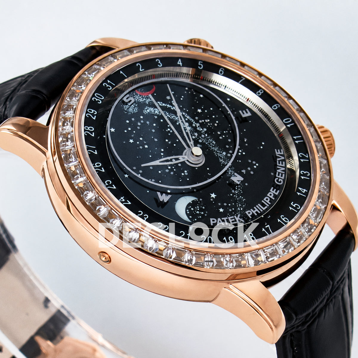 Patek Philippe Celestial YLF replica with black dial and rose-gold-tone stone-set bezel — low-angle dial view