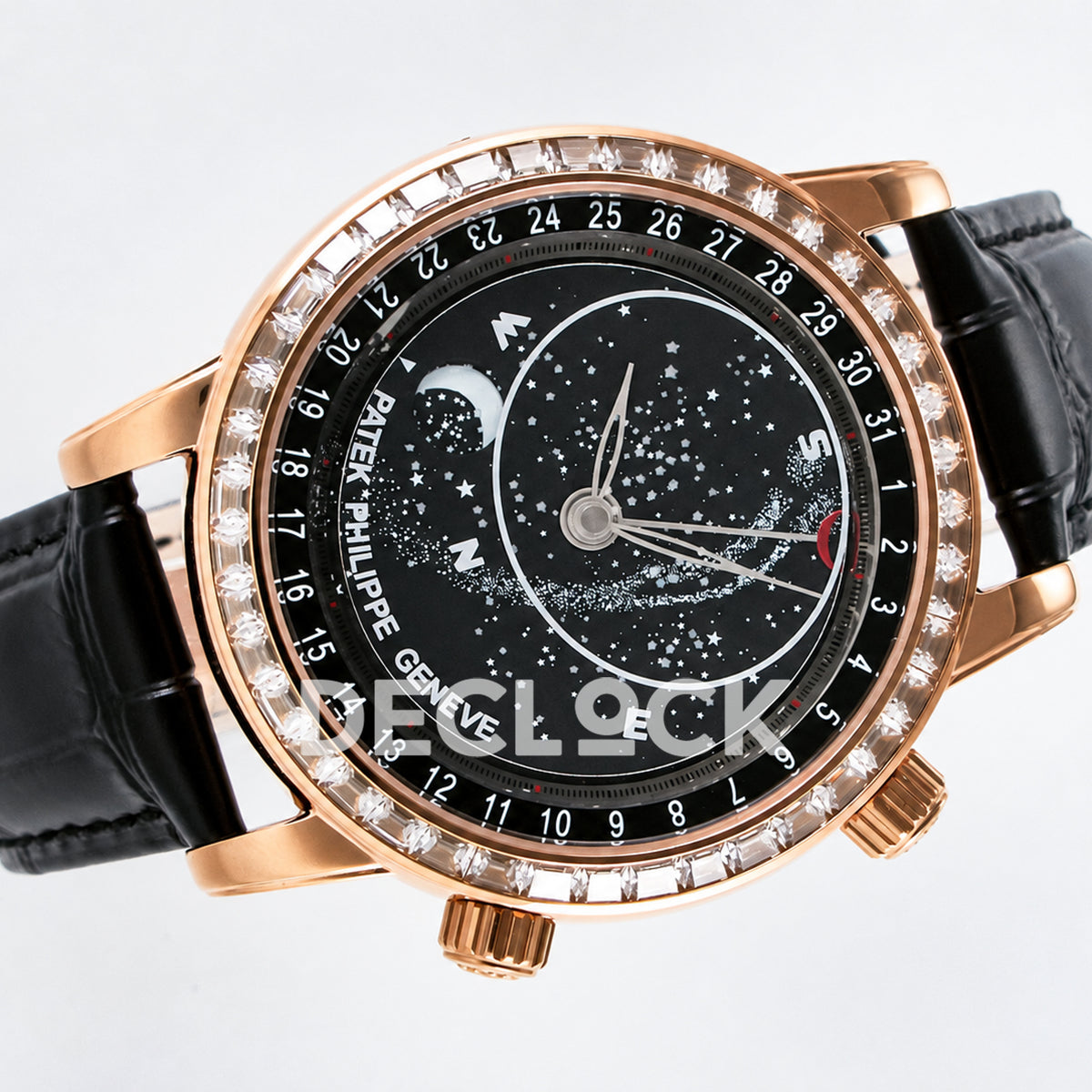 Patek Philippe Celestial YLF replica with black dial and rose-gold-tone stone-set bezel — horizontal front view