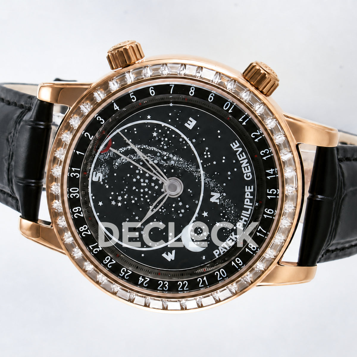 Patek Philippe Celestial YLF replica with black dial and rose-gold-tone stone-set bezel — horizontal dial close-up