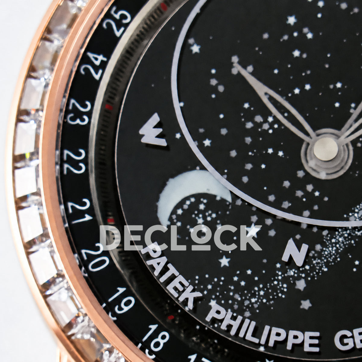 Patek Philippe Celestial YLF replica with black dial and rose-gold-tone stone-set bezel — celestial dial macro