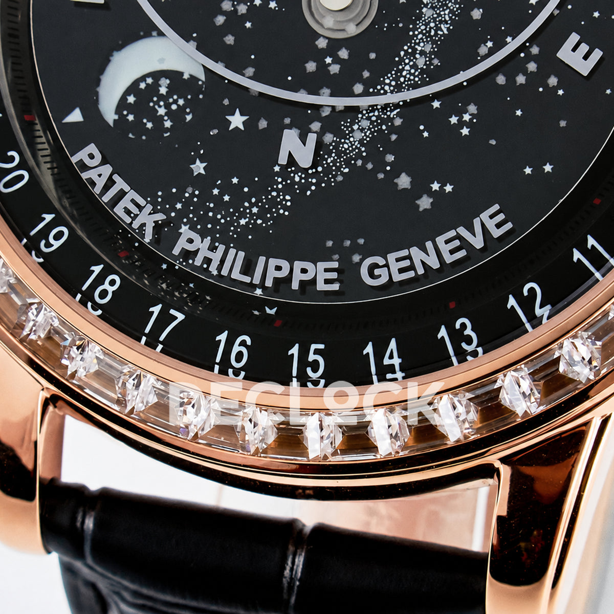 Patek Philippe Celestial YLF replica with black dial and rose-gold-tone stone-set bezel — moon and dial printing macro