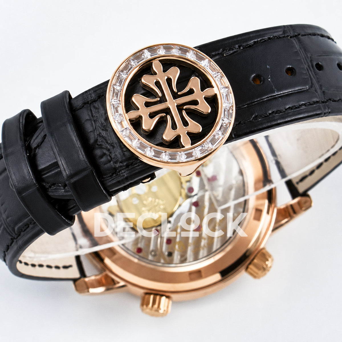 Patek Philippe Celestial YLF replica with black dial and rose-gold-tone stone-set bezel — stone-set clasp and caseback