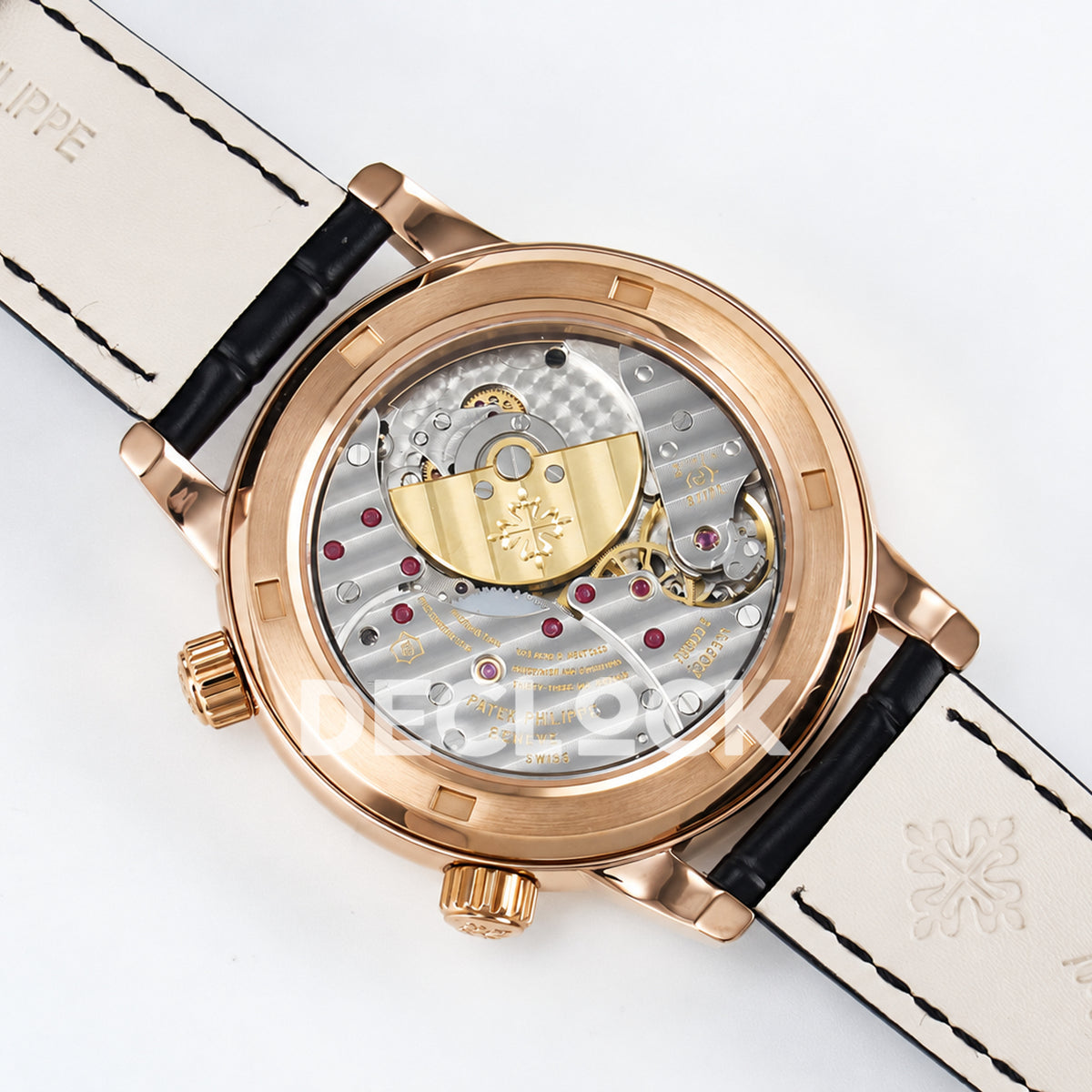 Patek Philippe Celestial YLF replica with black dial and rose-gold-tone stone-set bezel — angled movement view