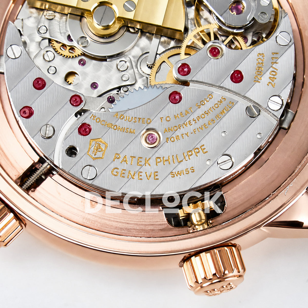 Patek Philippe Celestial YLF replica with black dial and rose-gold-tone stone-set bezel — movement engraving macro