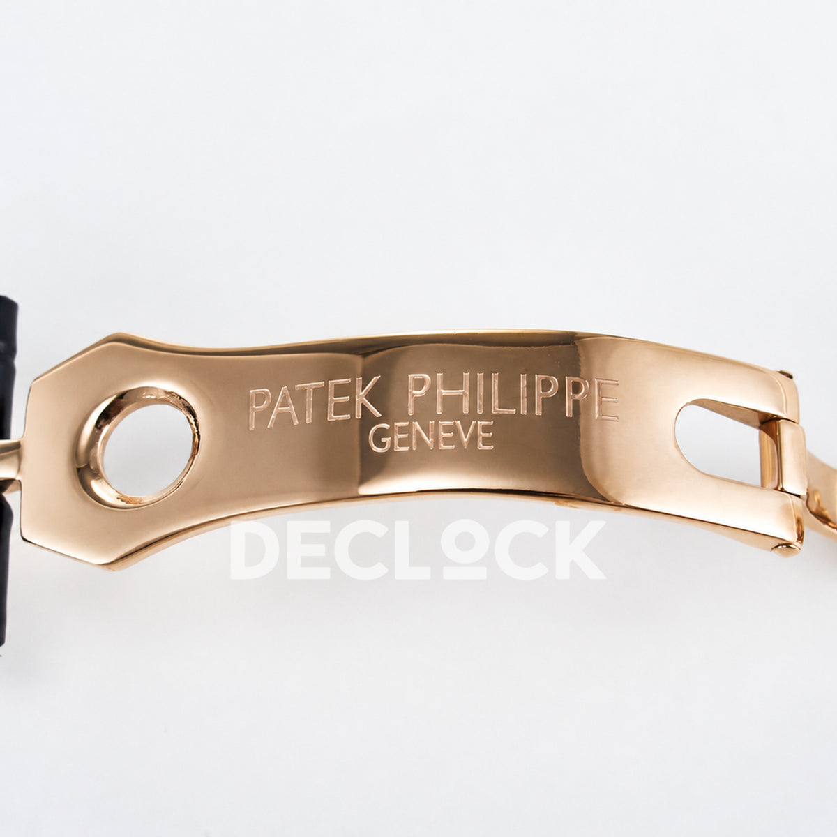 Patek Philippe Celestial YLF replica with black dial and rose-gold-tone stone-set bezel — clasp engraving macro
