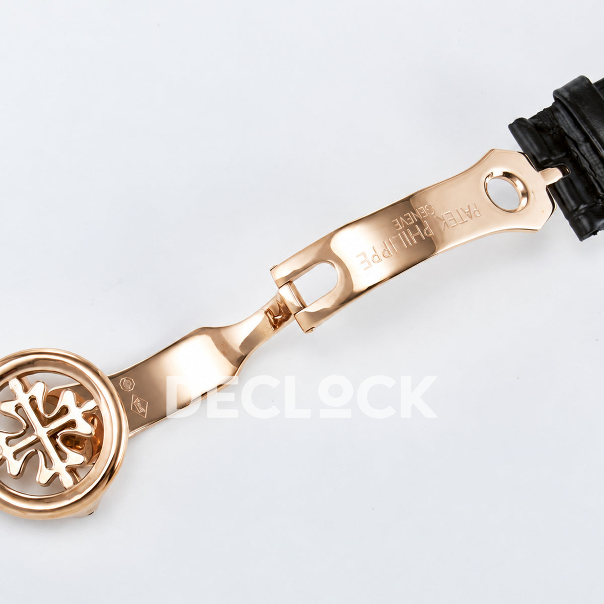 Patek Philippe Celestial YLF replica with black dial and rose-gold-tone stone-set bezel — open clasp front