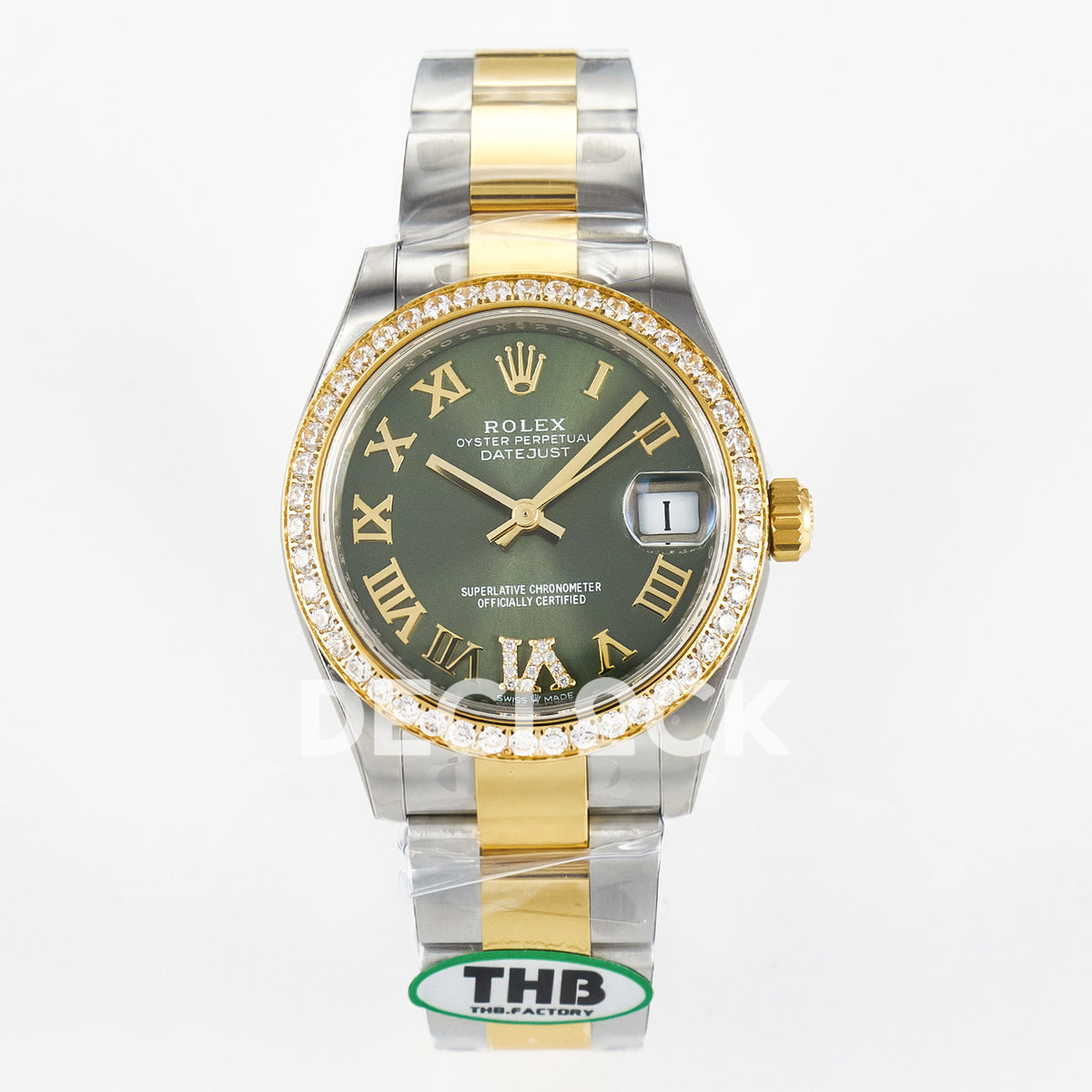 Rolex Datejust 31mm 278383RBR Green Roman Dial Yellow Gold / Steel Oyster Gem Bezel THBF HZ2236 - front view