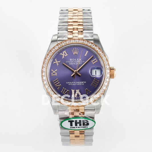 Rolex Datejust 31mm Purple Roman Dial Rose Gold / Steel Jubilee Gem Bezel THBF HZ2236 - front view