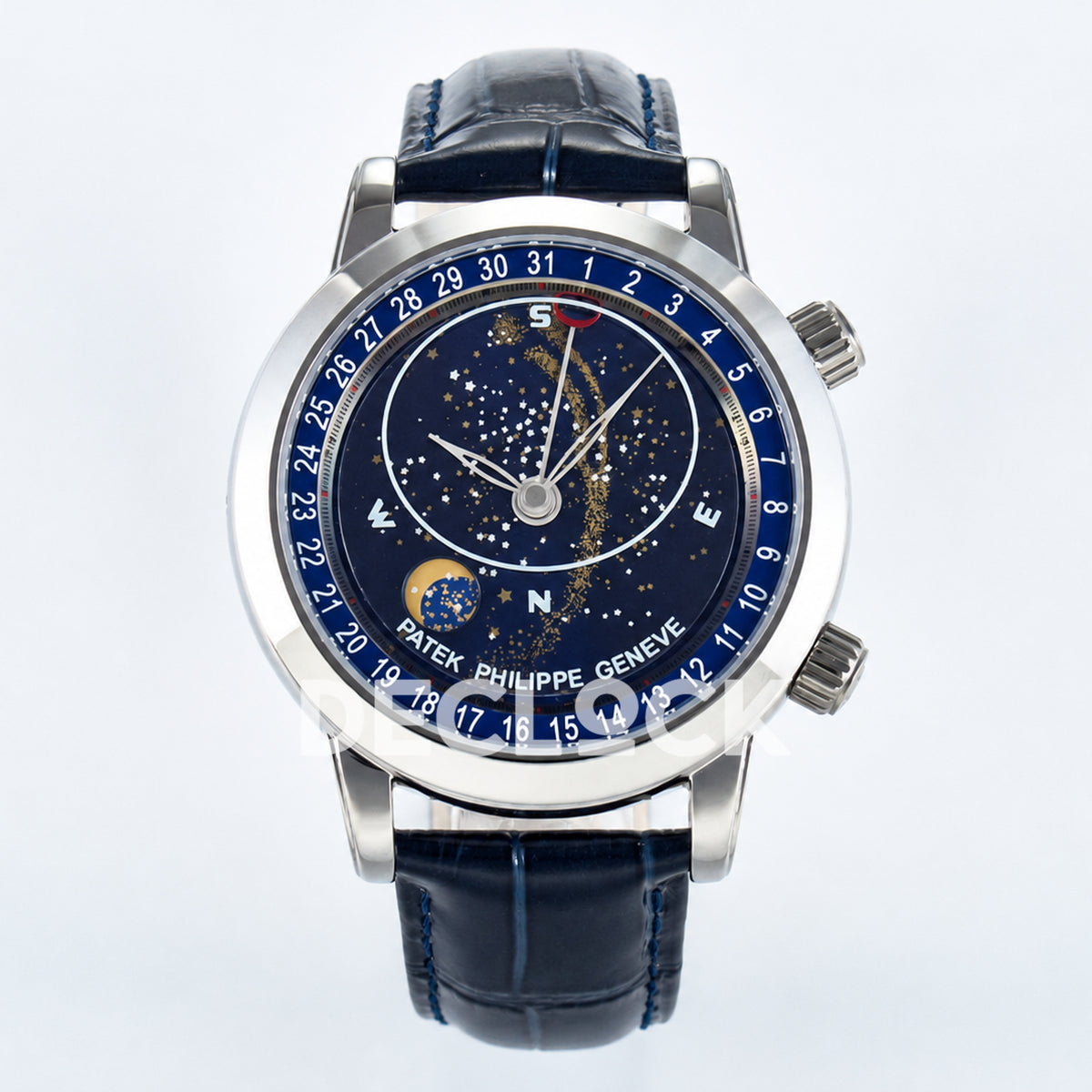 Patek Philippe Celestial Moon Age YLF replica with blue dial and blue leather strap — front view