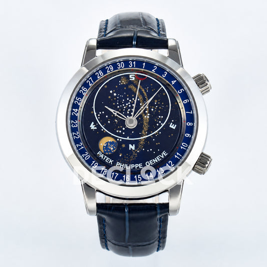 Patek Philippe Celestial Moon Age YLF replica with blue dial and blue leather strap — front view