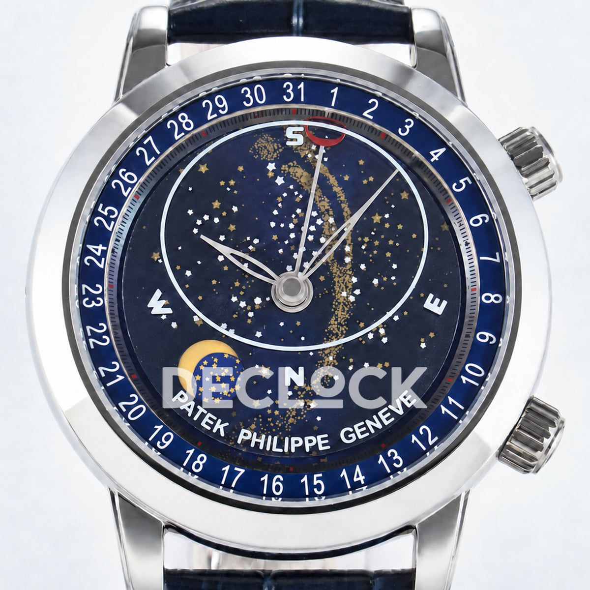 Patek Philippe Celestial Moon Age YLF replica with blue dial and blue leather strap — angled dial