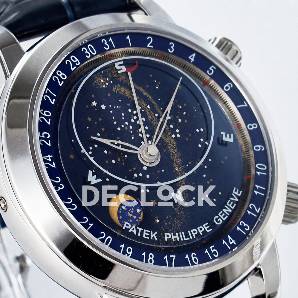 Patek Philippe Celestial Moon Age YLF replica with blue dial and blue leather strap — side angle