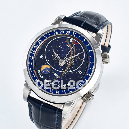 Patek Philippe Celestial Moon Age YLF replica with blue dial and blue leather strap — dial and case