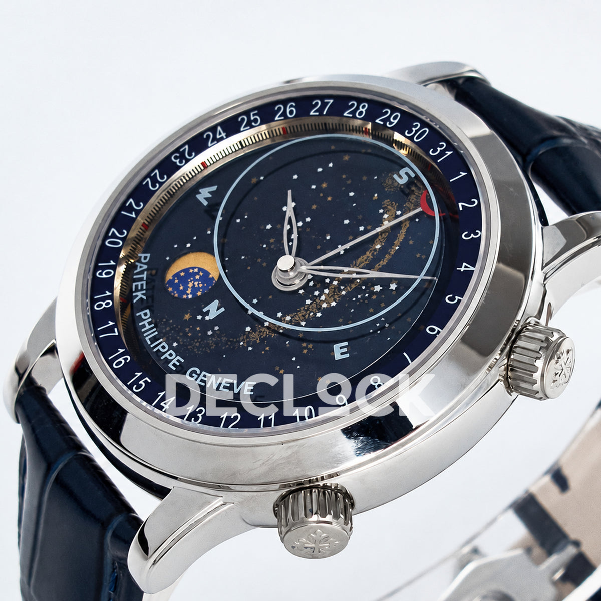 Patek Philippe Celestial Moon Age YLF replica with blue dial and blue leather strap — case profile