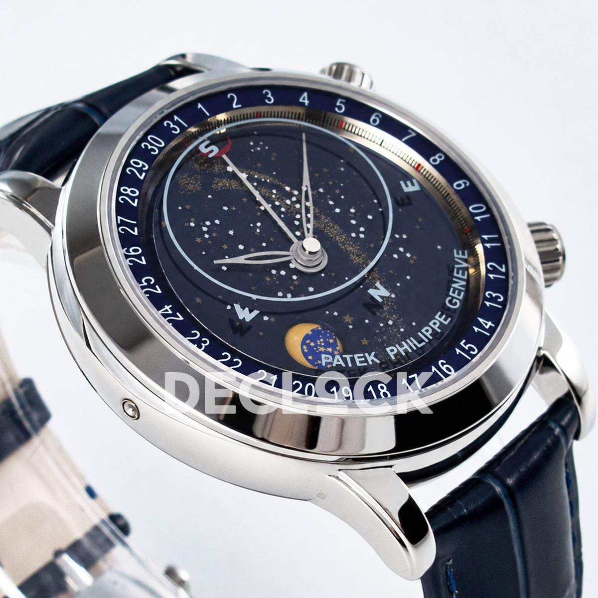 Patek Philippe Celestial Moon Age YLF replica with blue dial and blue leather strap — three quarter view