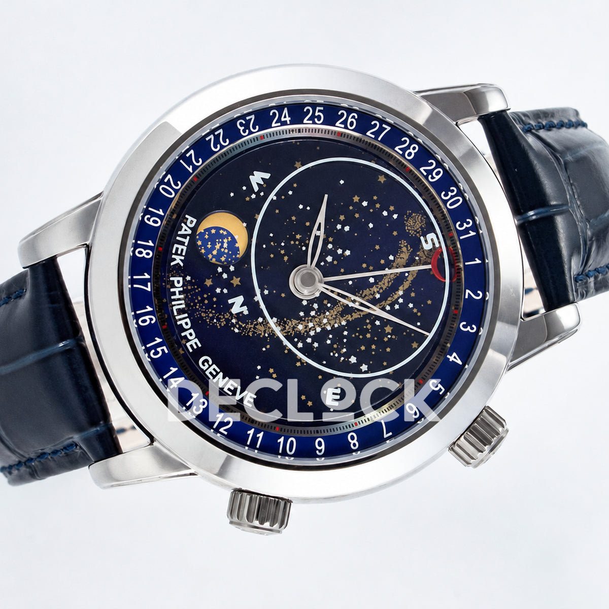Patek Philippe Celestial Moon Age YLF replica with blue dial and blue leather strap — front angle