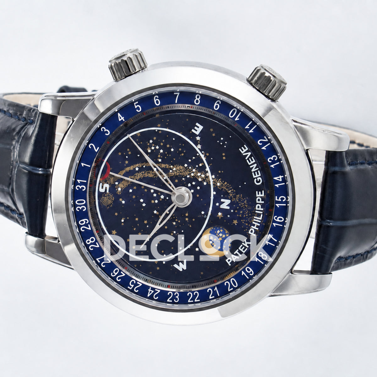 Patek Philippe Celestial Moon Age YLF replica with blue dial and blue leather strap — horizontal view