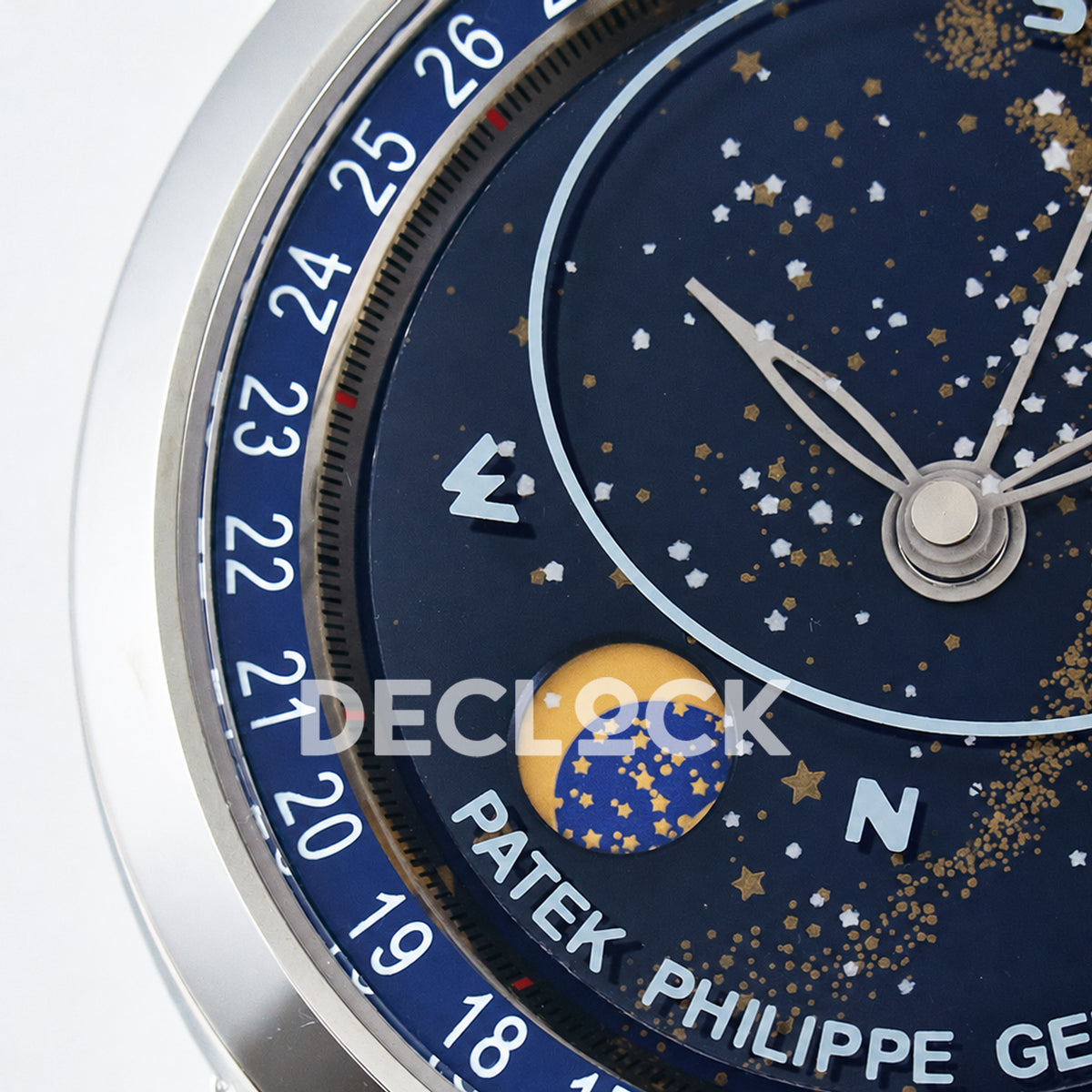 Patek Philippe Celestial Moon Age YLF replica with blue dial and blue leather strap — moon display detail