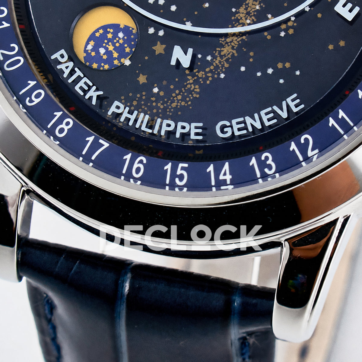 Patek Philippe Celestial Moon Age YLF replica with blue dial and blue leather strap — dial lettering