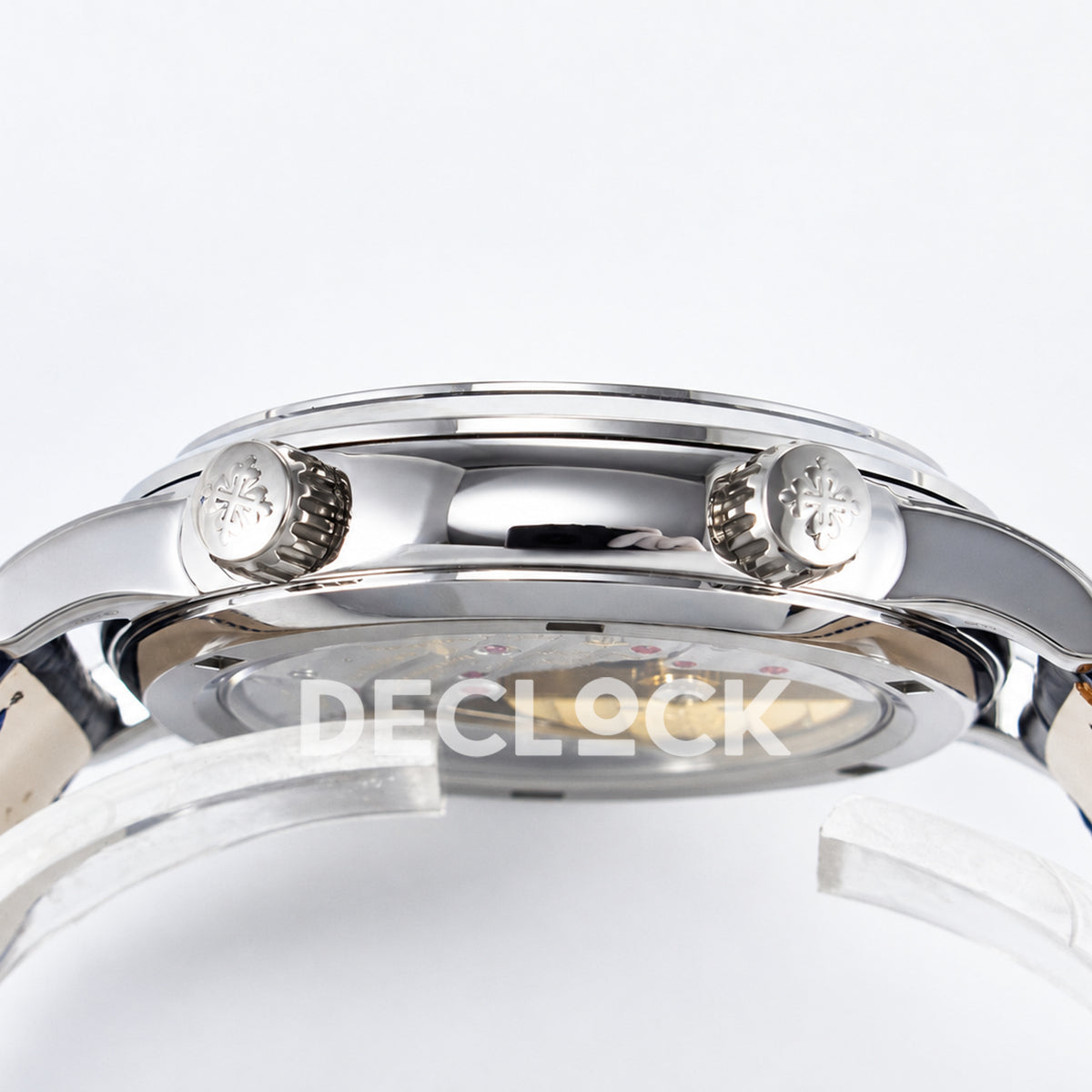 Patek Philippe Celestial Moon Age YLF replica with blue dial and blue leather strap — double crown profile