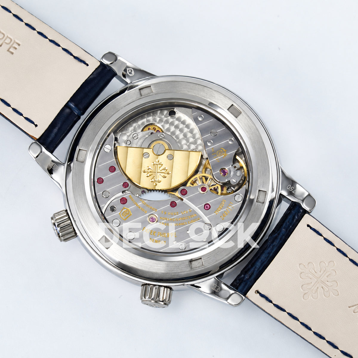 Patek Philippe Celestial Moon Age YLF replica with blue dial and blue leather strap — open caseback